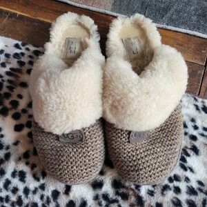 UGG Coquette Knit Slippers Taupe Brown Sheepskin Scuff Womens 8 Slides Slip-Ons